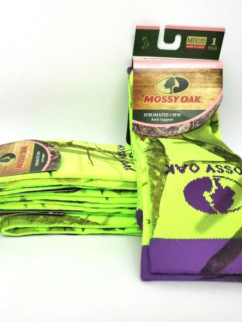 Mossy Oak Sublimated Crew Arch Support Kiwi Green Camo Socks Ladies Size 7-10.5